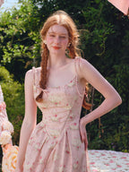 Pastoral Pink Vintage Floral Lace-Up Dress