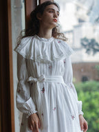 Floral Embroidery Vintage Ruffled Cotton Dress
