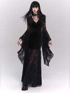 Black Velvet Lace Bell Sleeve Gothic Dress