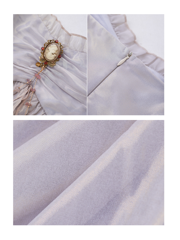 Vintage Brooch Elegance Ruffled Gown