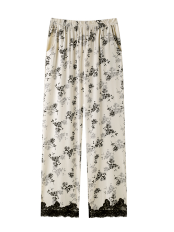 Black Rose Lace Trim Pajama Set