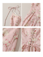 Pastoral Pink Vintage Floral Lace-Up Dress