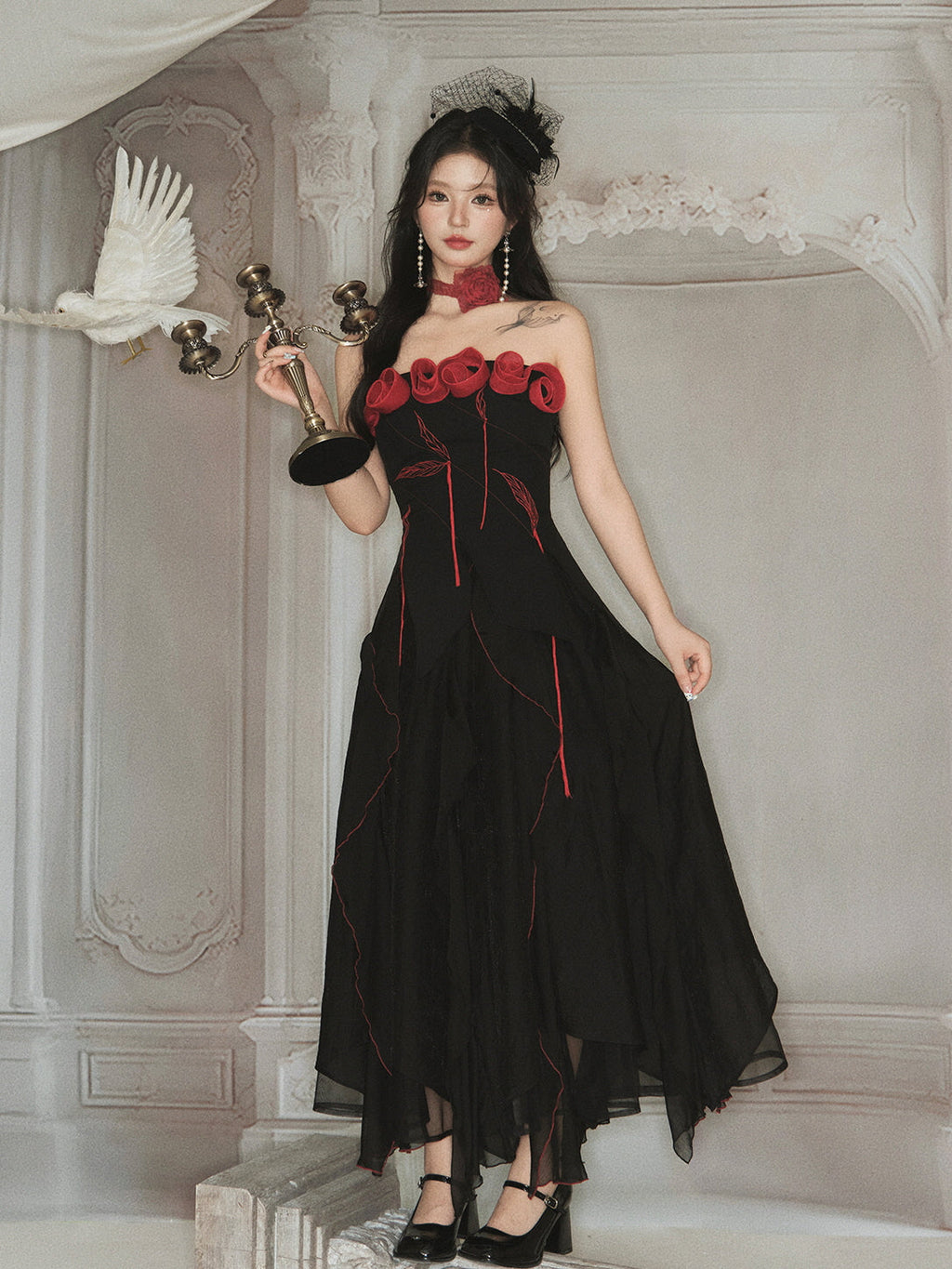 Enchanted Rose Embroidered Corset & Flowing Chiffon Skirt