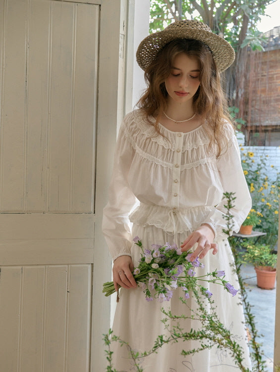 Cotton Vintage Embroidery Blouse & Skirt