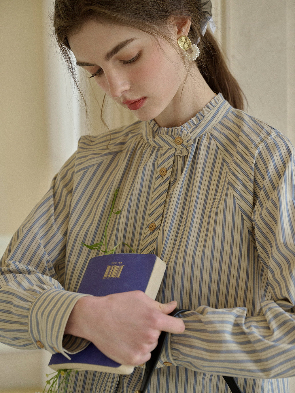 Striped Ruffle Collar Cotton Blouse