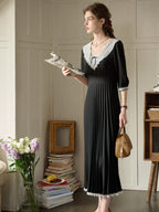 Lace Collar Pleated Black Dress
