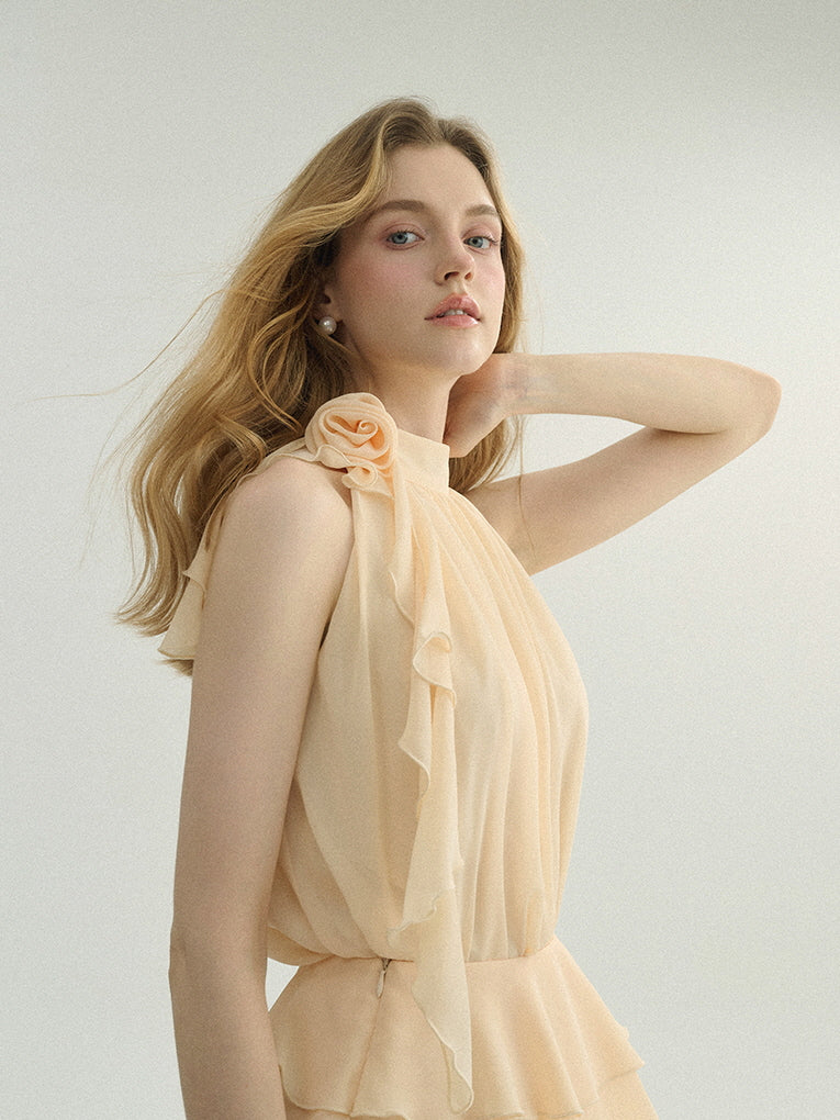 Ethereal Cream Ruffle Rose Halter Top