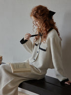 Elegant Wool Blend Ribbon Trim Knit Cardigan