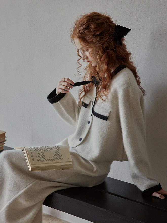 Elegant Wool Blend Ribbon Trim Knit Cardigan