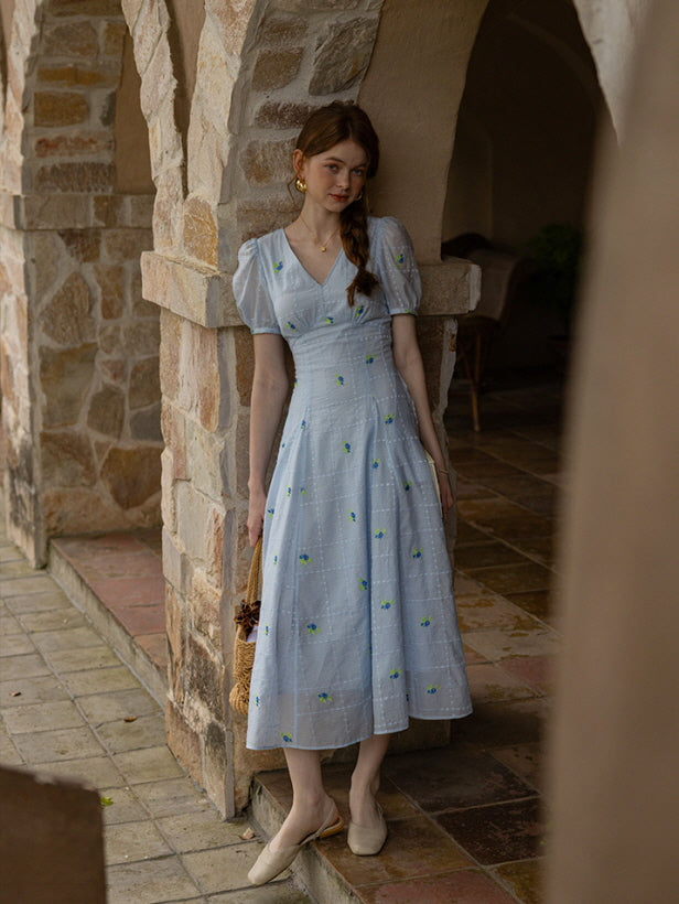 Dreamy Blue Blossom Embroidered Dress