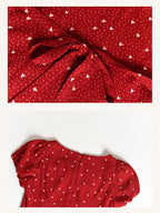 Lace Trim Retro Red Dress with Puff Sleeves