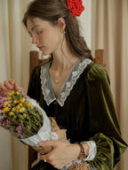 Velvet Elegance Green Lace-Trim Blouse