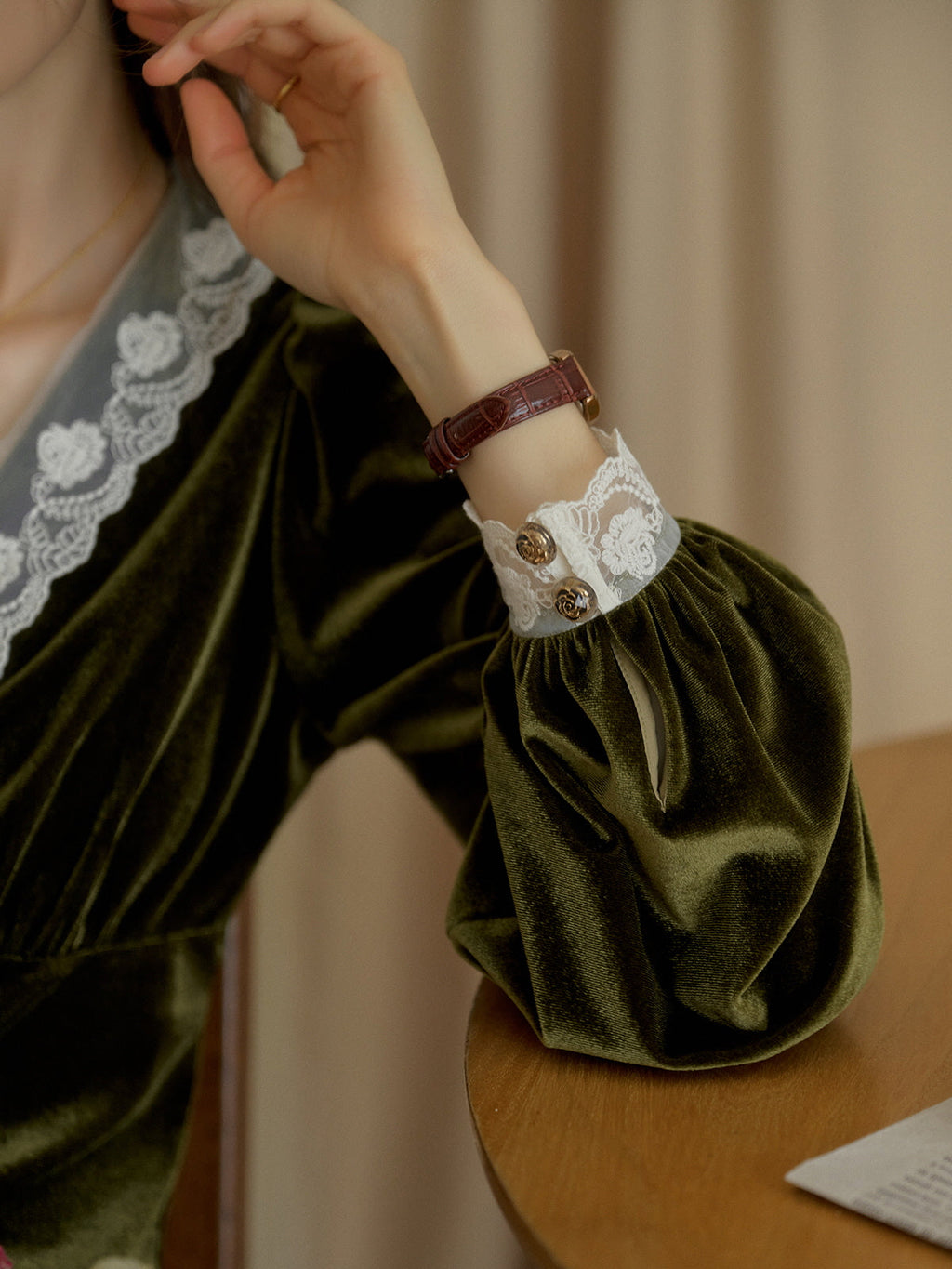 Velvet Elegance Green Lace-Trim Blouse