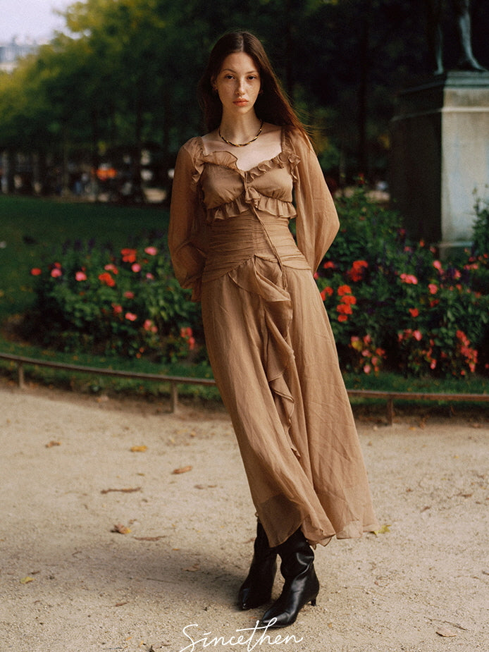 Mocha Ruffle Dream Long Dress