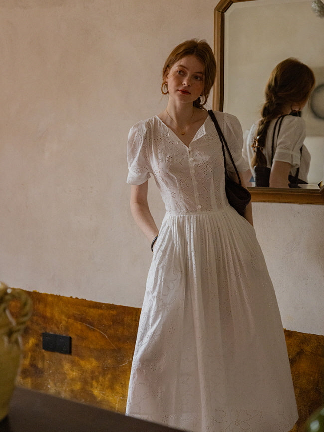 Cottagecore White Eyelet Lace Summer Dress