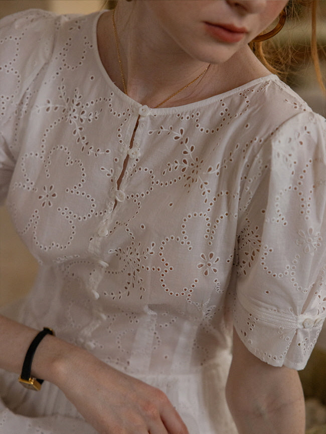 Cottagecore White Eyelet Lace Summer Dress