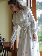 Floral Embroidery Vintage Ruffled Cotton Dress