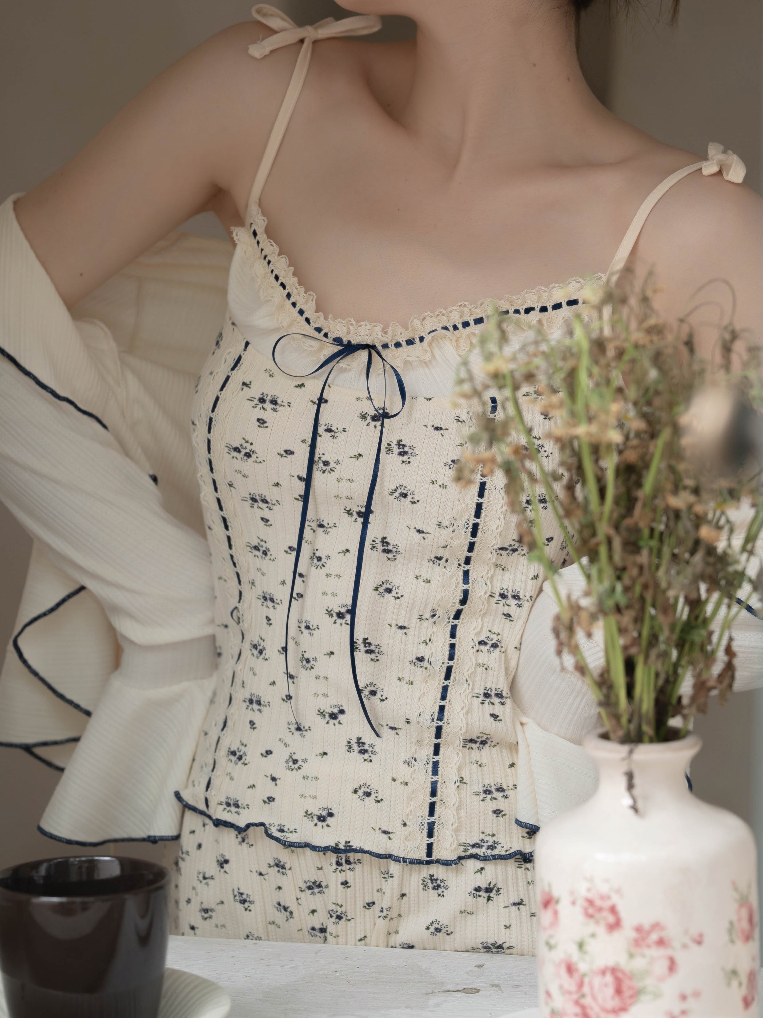 Navy Ribbon Floral Loungewear Set