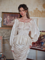 Pearl Ribbon Shirred Ivory Blouse
