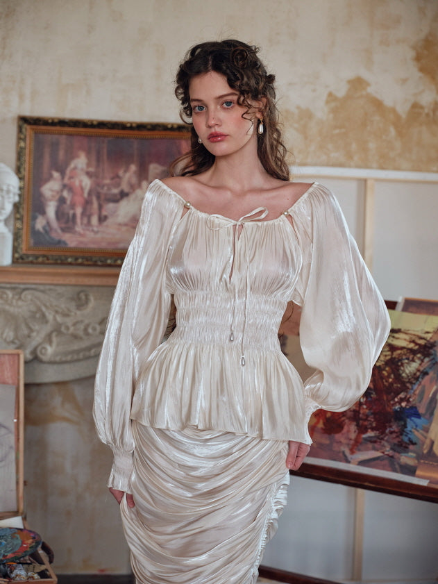 Pearl Ribbon Shirred Ivory Blouse