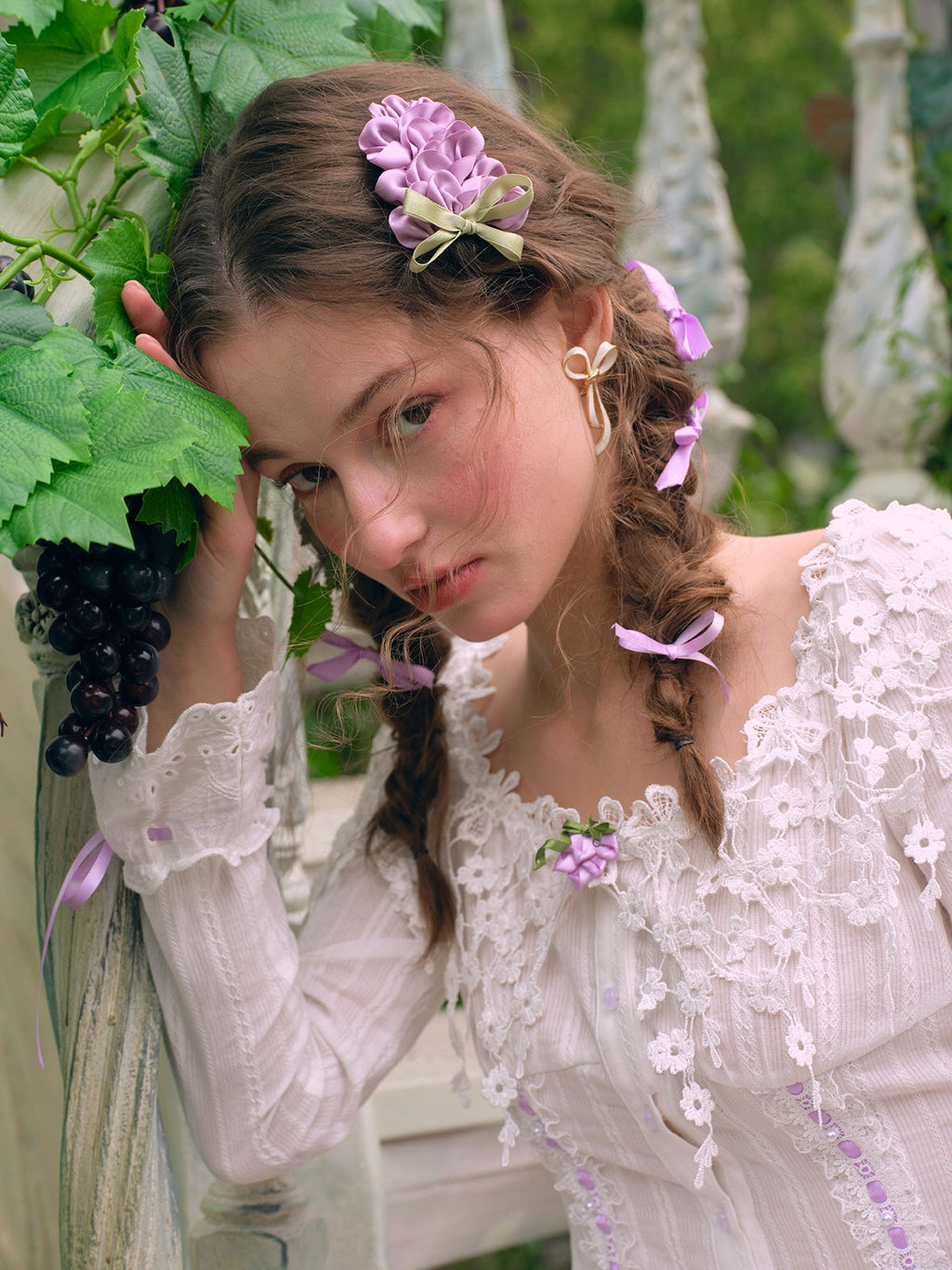 Lilac Ribbon Embroidered Lace Blouse