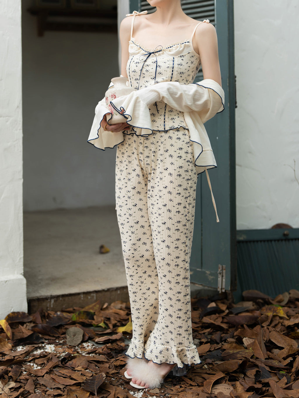 Navy Ribbon Floral Loungewear Set