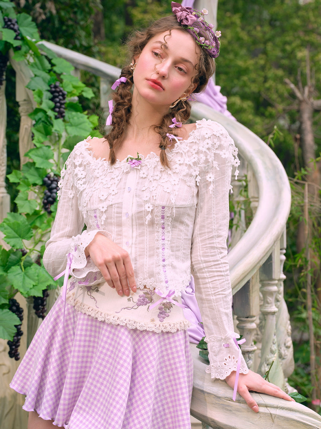 Lilac Ribbon Embroidered Lace Blouse