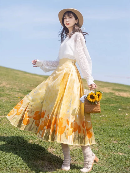 Ming Dynasty Modern Hanfu, Mamianqun, Tulip Fields 郁金香芙