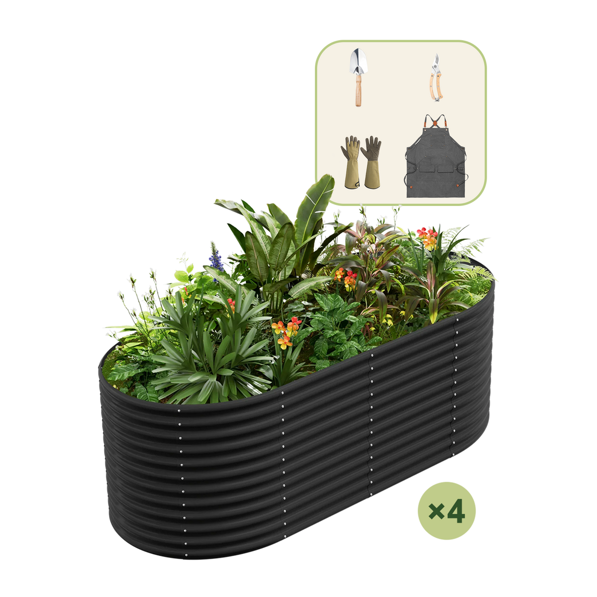 4-Pack 36" Tall Oval 8x4x3ft Galvanized Raised Garden Bed+Gardening Gift Pack — view 3