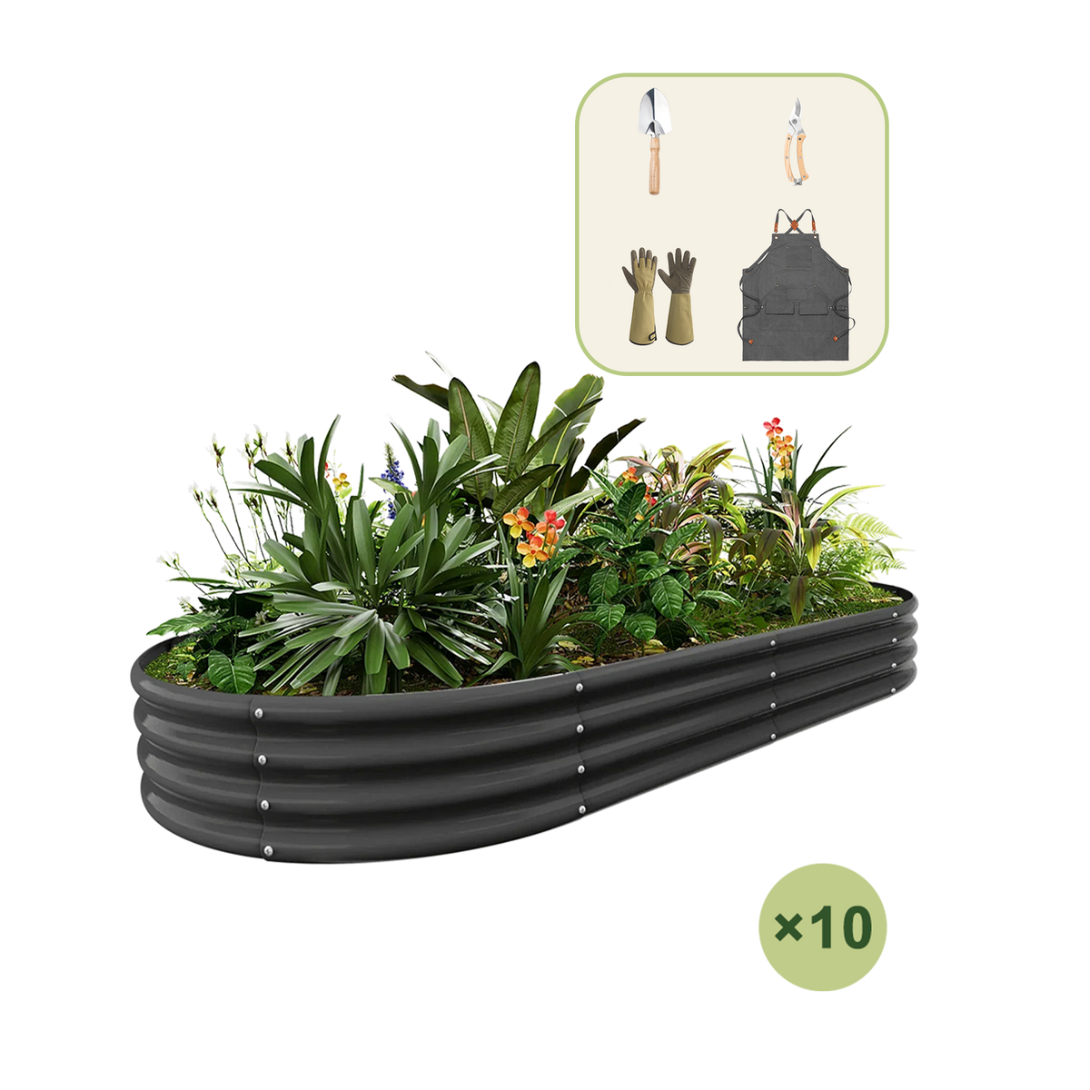 10-Pack 12" Tall Oval 8x4x1ft Galvanized Raised Garden Bed+Gardening Gift Pack — view 3