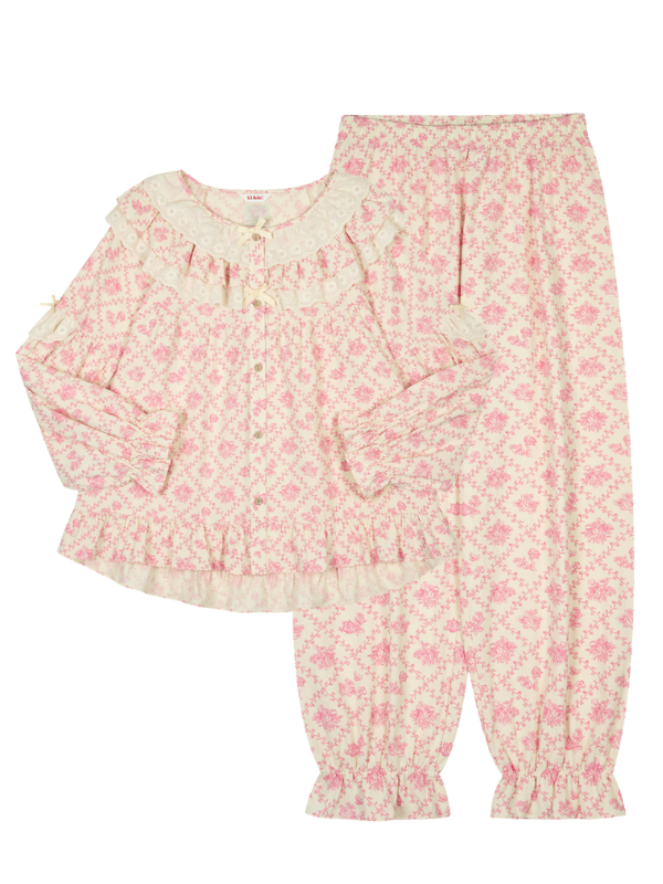 Pink Floral Lace Ruffle Loungewear Set