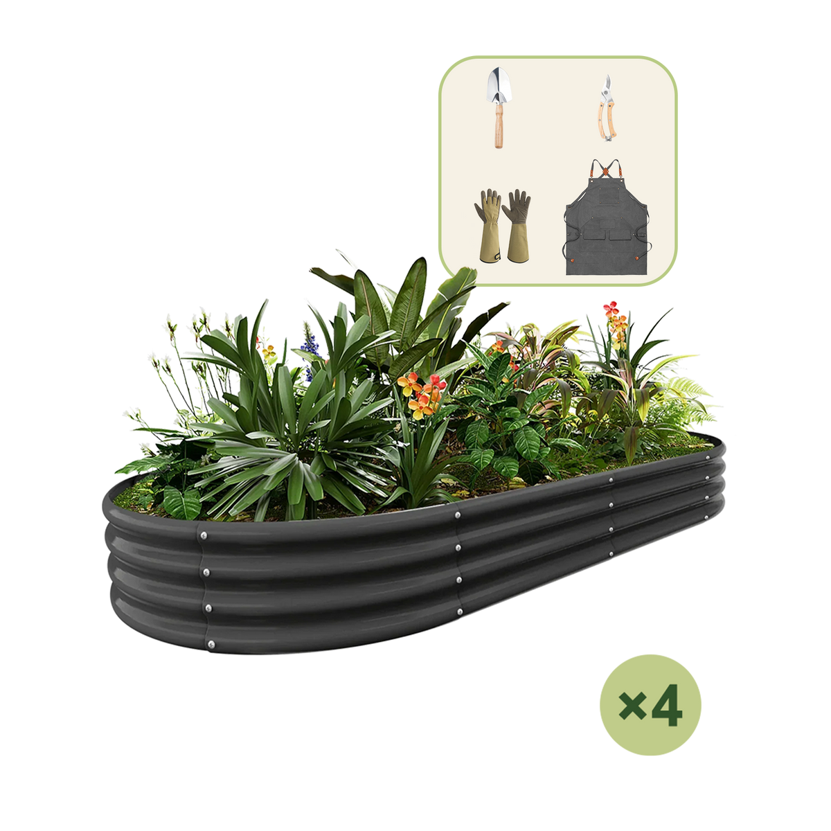4-Pack 12" Tall Oval 8x4x1ft Galvanized Raised Garden Bed+Gardening Gift Pack — view 3