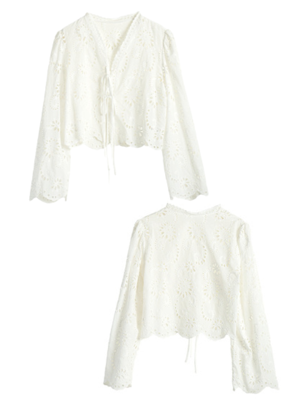 Floral Eyelet Lace Tie-Front Blouse