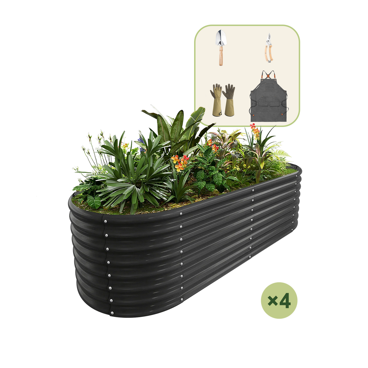 4-Pack 24" Tall Oval 6x3x2ft Galvanized Raised Garden Bed+Gardening Gift Pack — view 3