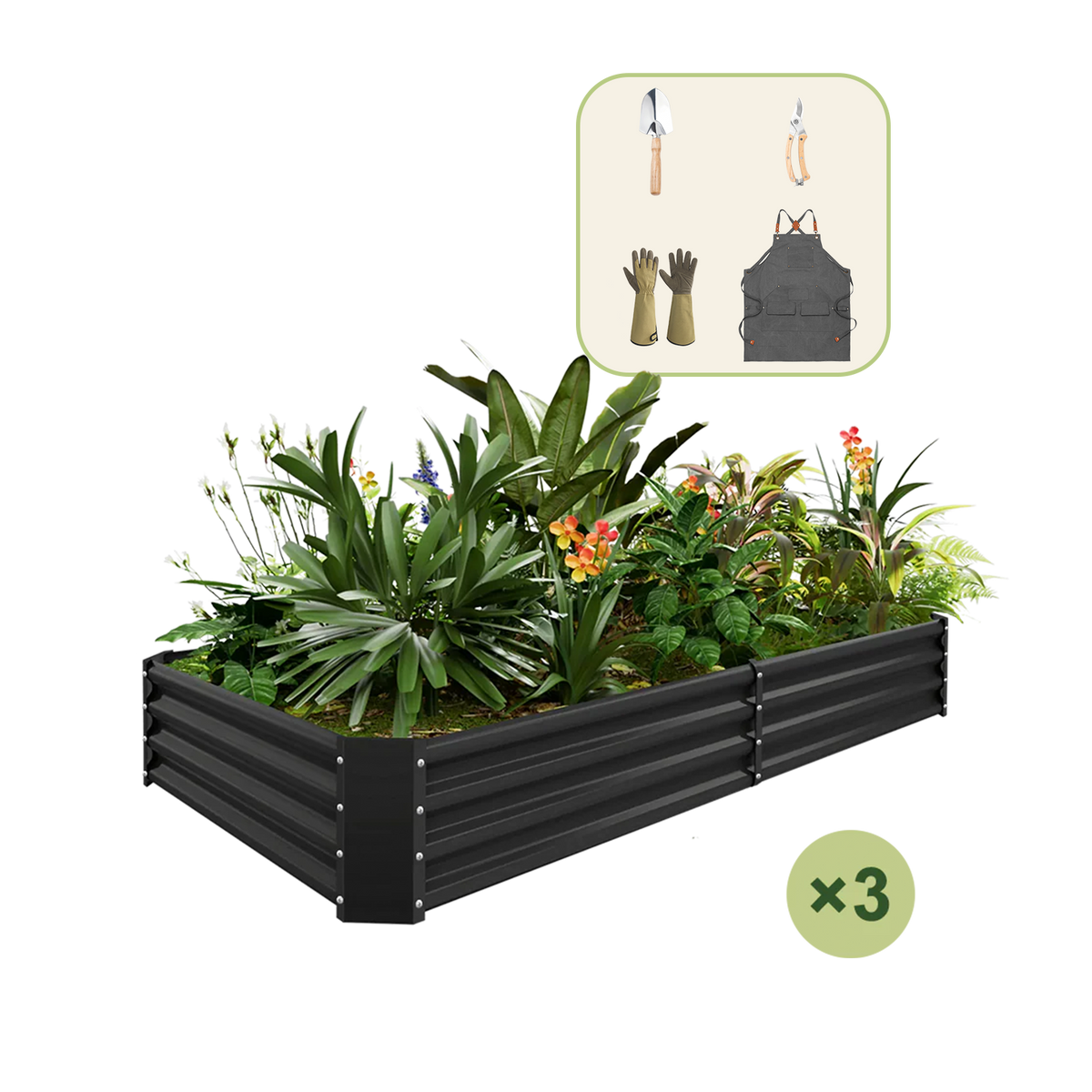 3-Pack 12" Tall Rectangular 8x4x1 ft Galvanized Raised Garden Bed+Gardening Gift Pack — view 3