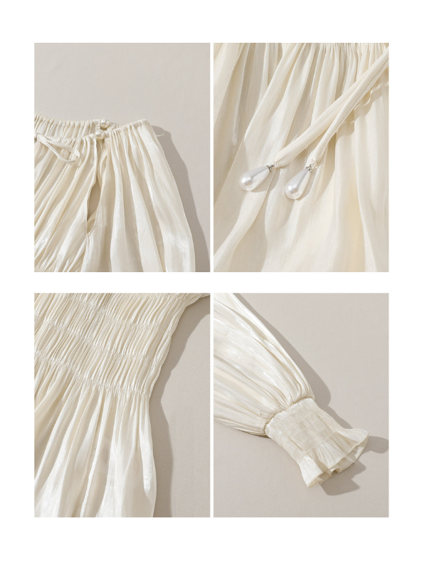 Pearl Ribbon Shirred Ivory Blouse