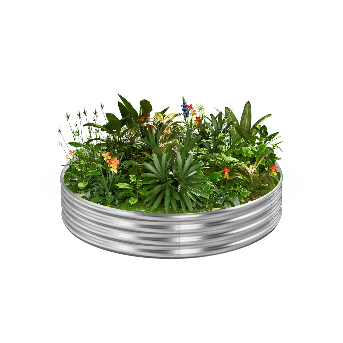 12-inch tall round galvanized metal raised garden bed, 3 feet in diameter