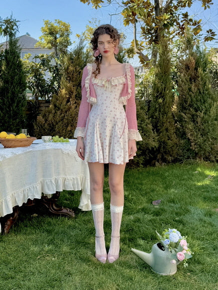 Vintage Rosebud Lace-Trimmed Knit Dress