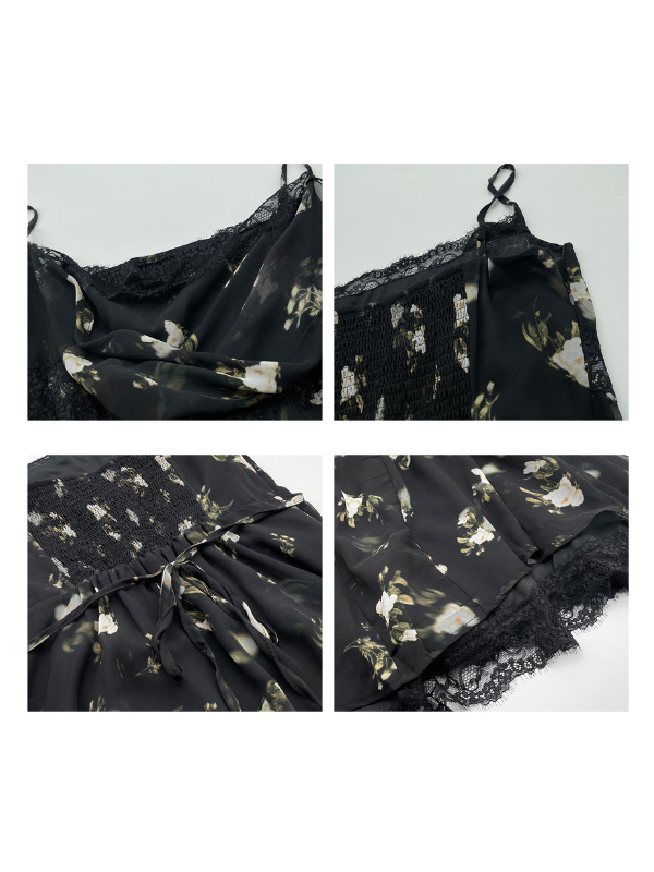 Midnight Bloom Lace Trim Floral Dress
