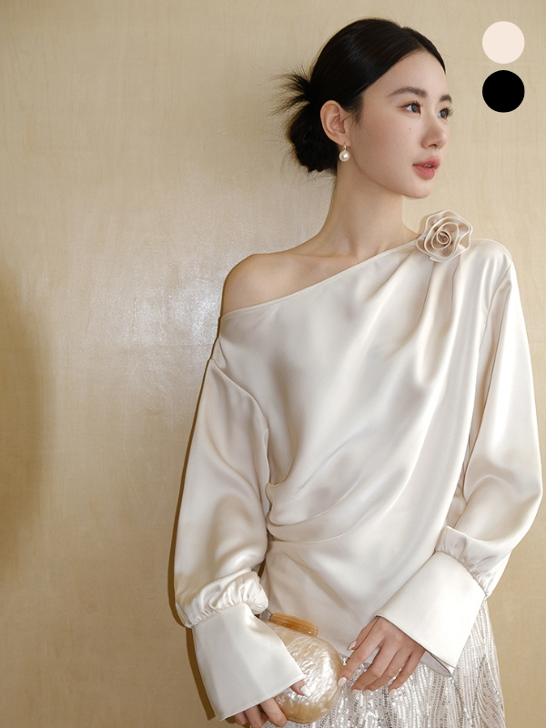 Off-Shoulder Flower Accent Blouse