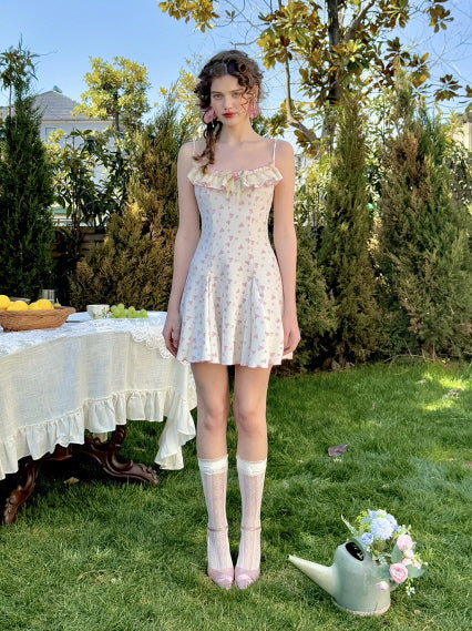 Vintage Rosebud Lace-Trimmed Knit Dress