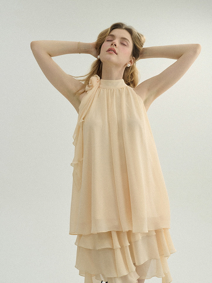 Ethereal Cream Ruffle Rose Halter Top