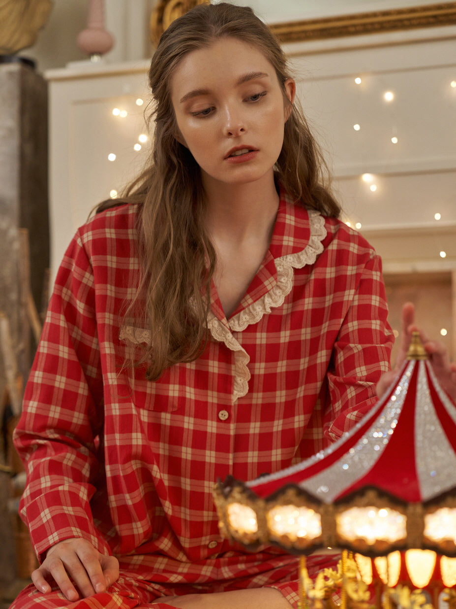 Cherrywood Check Lace Pajama Set
