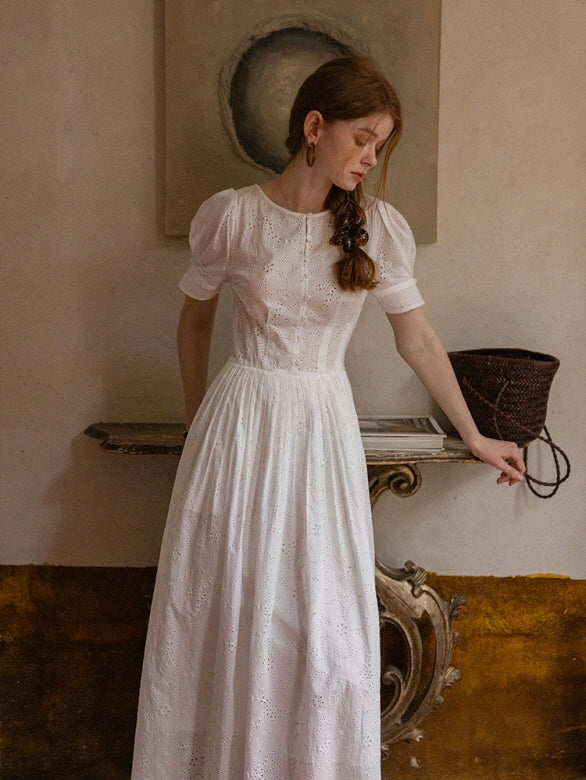 Cottagecore White Eyelet Lace Summer Dress