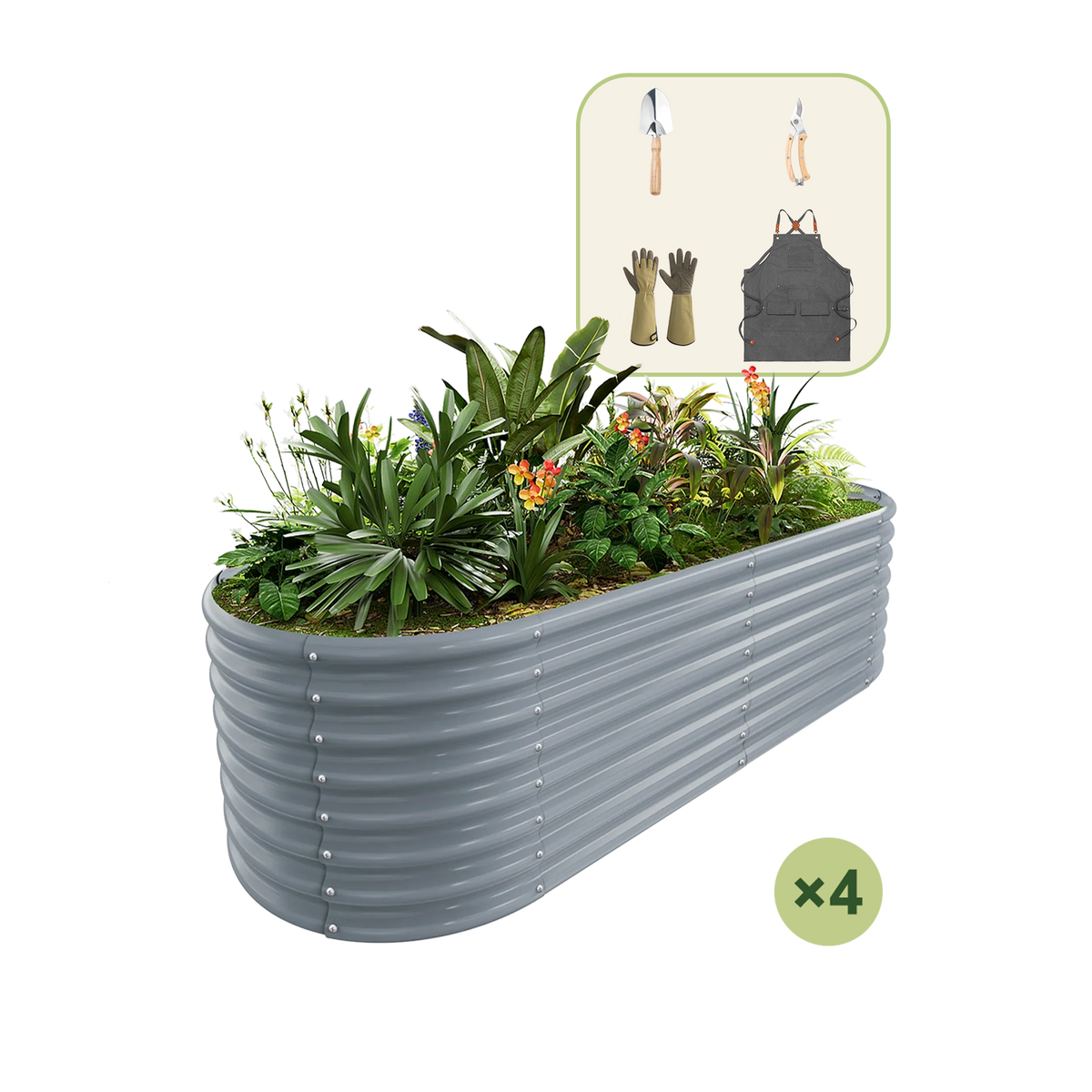 4-Pack 24" Tall Oval 6x3x2ft Galvanized Raised Garden Bed+Gardening Gift Pack — view 4