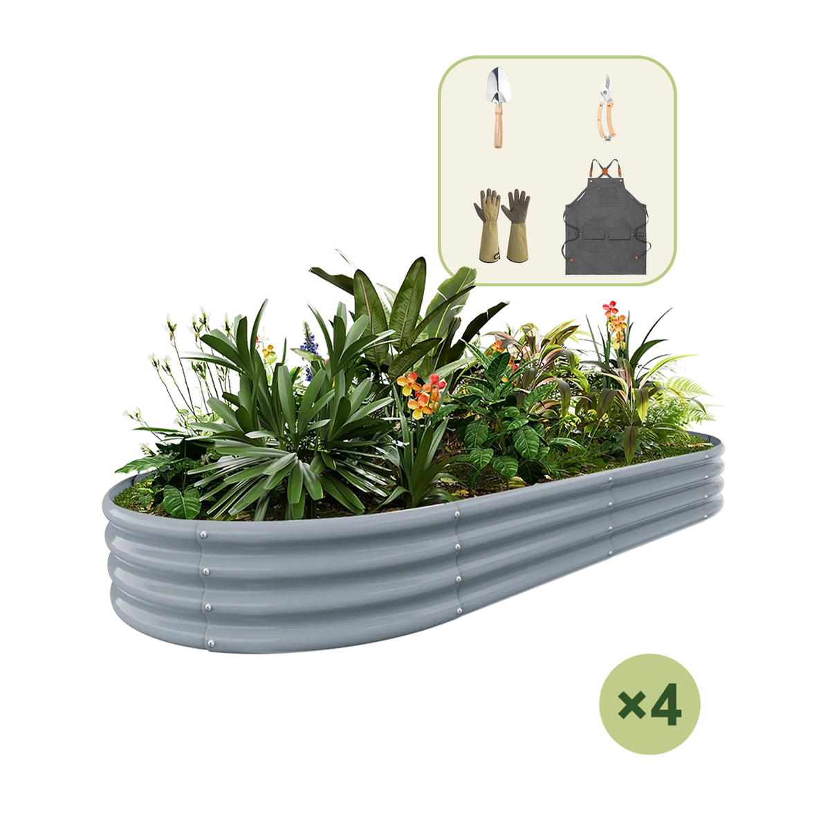 4-Pack 12" Tall Oval 8x4x1ft Galvanized Raised Garden Bed+Gardening Gift Pack — view 4