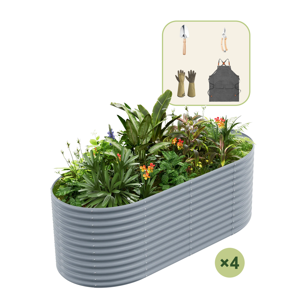4-Pack 36" Tall Oval 8x4x3ft Galvanized Raised Garden Bed+Gardening Gift Pack — view 4