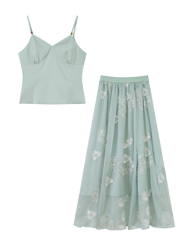 Whispering Petal Satin Top & Embroidered Tulle Skirt