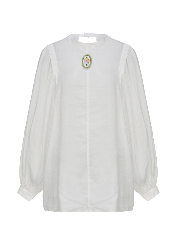 Embroidered Floral Brooch Linen Cotton Blouse