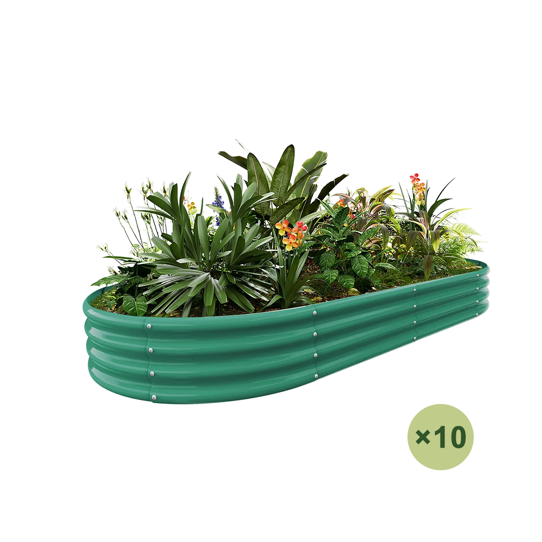 set of 10 — 12-inch tall oval galvanized metal raised garden bed, 8 by 4 feet
